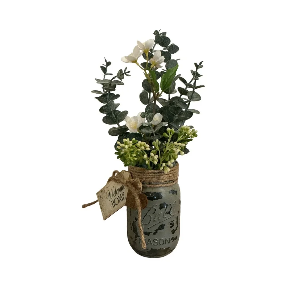 Rustic Ball‎ Mason Jar Artificial Floral Arrangement Welcome Home Decor Green